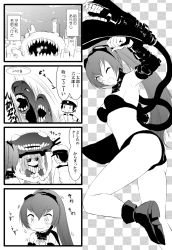Rule 34 | 10s, 1boy, 2girls, 4koma, ;d, abyssal admiral (kancolle), abyssal ship, admiral (kancolle), alternate hairstyle, armpits, bikini, black bikini, blush, breasts, checkered background, chibi, chibi inset, comic, commentary request, frisbee, full body, gloves, goggles, goggles on head, greyscale, hair between eyes, hat, highres, i-class destroyer, kantai collection, long hair, military, military uniform, monochrome, multiple girls, naval uniform, navel, one eye closed, open mouth, ponytail, ri-class heavy cruiser, ro-class destroyer, smile, sweatdrop, swimsuit, tears, teeth, throwing, translation request, trembling, uniform, very long hair, wo-class aircraft carrier, yamamoto arifred