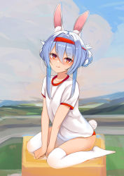 Rule 34 | 1girl, absurdres, animal ear fluff, animal ears, blue hair, buruma, closed mouth, commentary, double bun, flat chest, full body, gym shirt, gym uniform, hair bun, head tilt, headband, highres, hololive, licking lips, looking at viewer, orange eyes, rabbit ears, rabbit girl, rabbit tail, red buruma, rifufu, shirt, sidelocks, sitting, sketch, solo, symbol-shaped pupils, tail, thick eyebrows, thighhighs, tongue, tongue out, usada pekora, virtual youtuber, wariza, white thighhighs