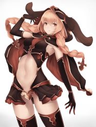Rule 34 | 1girl, animal hood, armpits, bad id, bad pixiv id, black gloves, black thighhighs, blonde hair, braid, breasts, brown eyes, cloak, cowboy shot, elbow gloves, gloves, gluteal fold, hair ornament, highres, hood, long hair, looking at viewer, looking to the side, midriff, navel, no panties, original, parted lips, rabbit hood, showgirl skirt, sideways glance, simple background, small breasts, snm (sunimi), solo, stomach, thighhighs, twin braids, white background