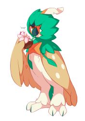 Rule 34 | animal focus, bird, brown eyes, commentary, commission, creature, creatures (company), cup, decidueye, drinking, english commentary, flower, full body, game freak, gen 7 pokemon, highres, holding, holding cup, looking at viewer, nintendo, no humans, pokemon, pokemon (creature), salanchu, simple background, solo, sound effects, white background