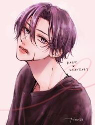 Rule 34 | 1boy, artist name, black shirt, chocolate, chocolate on face, commentary, curtained hair, food, food on face, grey eyes, hair between eyes, happy valentine, heart, highres, kaminoruri, licking lips, long bangs, long neck, looking at viewer, male focus, natsume-senpai ni semarareru hibi, natsume outarou, neck, nose, parted hair, parted lips, pink lips, portrait, purple hair, sanpaku, shirt, short hair, simple background, solo, tongue, tongue out, white background