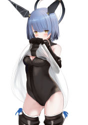 Rule 34 | 1girl, armored boots, azur lane, bare shoulders, black leotard, blue hair, boots, breasts, cleavage, clothes lift, commentary request, cowboy shot, dress, dress lift, gascogne (azur lane), gauntlets, headgear, highres, leotard, lifted by self, looking at viewer, medium breasts, schreibe shura, short hair, simple background, sleeveless, sleeveless dress, solo, standing, thigh boots, thighhighs, white background, white dress, yellow eyes