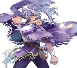 Rule 34 | 1boy, bandages, bracelet, cape, clenched hand, dark-skinned male, dark skin, glint, gloves, green eyes, hair over one eye, holding, holding knife, jewelry, knife, looking at viewer, male focus, oboro keisuke, octopath traveler, octopath traveler i, pouch, purple cape, purple hair, purple scarf, scarf, short hair, simple background, solo, standing, therion (octopath traveler), weapon, white background, white hair