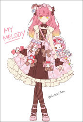Rule 34 | 1girl, bag, blush stickers, bow, brown bow, brown hair, brown pantyhose, closed mouth, crossed legs, dress, full body, gradient hair, hair bow, hakusai (tiahszld), lolita fashion, long hair, multicolored eyes, multicolored hair, my melody, nail polish, onegai my melody, original, pantyhose, pink dress, pink eyes, pink footwear, pink hair, pleated dress, purple nails, sanrio, shoes, shoulder bag, solo, standing, striped bow, striped clothes, striped pantyhose, sweet lolita, twitter username, vertical-striped clothes, vertical-striped pantyhose, white background, wrist cuffs, yellow eyes