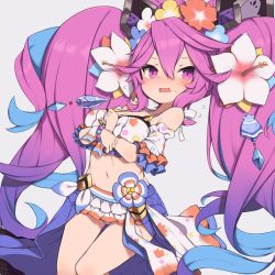 Rule 34 | 1girl, bare shoulders, bikini, blush, breasts, cleavage, cleo (dragalia lost), collarbone, dragalia lost, flower, full body, gamuo, hair flower, hair ornament, large breasts, looking at viewer, multicolored hair, pink eyes, pink hair, simple background, smile, swimsuit, twintails, white background
