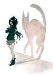 Rule 34 | 1girl, artist name, black hair, boots, cat, different shadow, female focus, finger to mouth, hair over one eye, hand in pocket, hood, hoodie, long hair, nana nakano, original, pleated skirt, red eyes, silhouette, skirt, solo, standing, swept bangs, white background