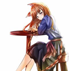 Rule 34 | 1girl, animal ears, blouse, blue shirt, brown hair, from side, highres, holo, long hair, no tail, nyago, red eyes, shirt, simple background, sitting, skirt, solo, spice and wolf, table, tagme, white background, wolf ears