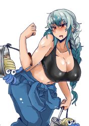 Rule 34 | 1girl, alternate hairstyle, blue hair, blush, braid, breasts, bucket, cleavage, clothes around waist, collarbone, covered erect nipples, cowboy shot, creatures (company), crossover, drooling, game freak, gen 1 pokemon, heiseikorotaisei, kamishirasawa keine, large breasts, leaning forward, long hair, multicolored hair, navel, nintendo, omanyte, parted lips, pokemon, pokemon (creature), red eyes, silver hair, single braid, sports bra, touhou, two-tone hair