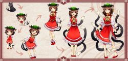 Rule 34 | 1girl, age progression, aged up, animal ears, arrow (symbol), baby, bobby socks, brown eyes, brown hair, cat, cat ears, cat tail, chen, chen (cat), chestnut mouth, child, earrings, fang, hat, highres, ibaraki natou, jewelry, multiple tails, multiple views, nekomata, open mouth, short hair, smile, socks, tail, touhou
