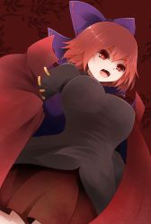 Rule 34 | 1girl, arano oki, bow, breasts, cape, fang, from below, hair bow, large breasts, open mouth, red eyes, red hair, sekibanki, short hair, skirt, solo, touhou