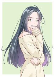Rule 34 | 1girl, antenna hair, bare shoulders, blue hair, from side, gradient background, green background, hand to own mouth, long hair, looking at viewer, off-shoulder sweater, off shoulder, original, simple background, solo, sweater, upper body, yamanaka kouji (yanchiki2001), yellow eyes