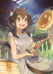 Rule 34 | 1girl, apron, blush stickers, braid, brown hair, cooking, crown braid, food, frilled apron, frills, frying pan, hair between eyes, hide (hideout), highres, holding, indoors, open mouth, original, pancake, pink eyes, solo, spatula, steam, white apron