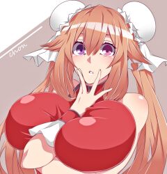 Rule 34 | 1girl, borrowed character, bracelet, breasts, brown hair, bun cover, character name, chinese clothes, chon (xx chon xx), double bun, dress, hair bun, hand on own chest, highres, hz (666v), jewelry, large breasts, long hair, looking at viewer, original, purple eyes, red dress, sidelocks, sleeveless, sleeveless dress, twintails