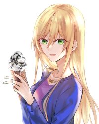 Rule 34 | 1girl, absurdres, alternate costume, blonde hair, blue cardigan, breasts, cardigan, collarbone, food, girls&#039; frontline, green eyes, highres, holding food, holding ice cream, ice cream, jewelry, long hair, long sleeves, looking at viewer, medium breasts, necklace, open cardigan, open clothes, open mouth, purple shirt, shirt, smile, solo, stg44 (girls&#039; frontline), suprii, upper body, white background