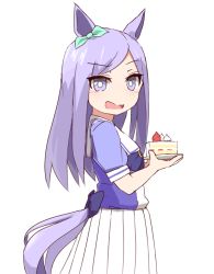 Rule 34 | 1girl, animal ears, blush, bow, cake, ear bow, food, holding, holding plate, horse ears, horse girl, horse tail, kokko tofu, long hair, looking at viewer, looking to the side, mejiro mcqueen (umamusume), open mouth, plate, purple eyes, purple hair, purple shirt, sailor collar, school uniform, shirt, short sleeves, simple background, skirt, solo, tail, tracen school uniform, umamusume, upper body, white background, white skirt
