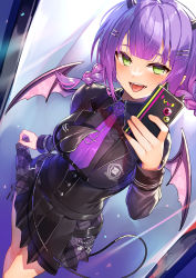 Rule 34 | 1girl, :d, black shirt, black skirt, braid, breasts, demon horns, demon tail, demon wings, dutch angle, green eyes, hair ornament, hairclip, holding, holding phone, hololive, horns, kibanda gohan, large breasts, low twintails, mini wings, miniskirt, necktie, open mouth, phone, pleated skirt, purple hair, shirt, skirt, smile, solo, standing, tail, tokoyami towa, tongue, tongue out, twin braids, twintails, virtual youtuber, wings