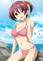Rule 34 | 1girl, :d, alternate breast size, bikini, blush, breasts, cleavage, front-tie top, isshiki akane, large breasts, looking at viewer, navel, ocean, open mouth, red hair, scrunchie, short hair, side-tie bikini bottom, sitting, smile, solo, swimsuit, twintails, uninigumi, vividred operation, yellow eyes