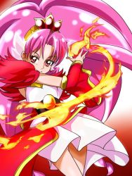 Rule 34 | 1girl, akagi towa, cure scarlet, detached sleeves, earrings, fire, florence temporary, go! princess precure, gradient background, jewelry, precure, solo, toei animation