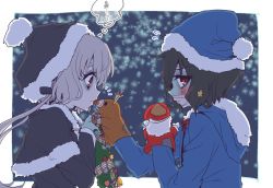 Rule 34 | 10s, black hair, blue skin, colored skin, from side, hair ornament, hand puppet, hat, konno junko, long hair, low twintails, miramu (uns s1 173), mizuno ai, multiple girls, patchwork skin, puppet, red eyes, santa costume, santa hat, short hair, silver hair, twintails, wreath, zombie, zombie land saga