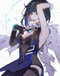 Rule 34 | 1girl, arm up, armpits, blue hair, bob cut, braid, breasts, cleavage, coat, commentary, dark blue hair, fur coat, genshin impact, hand up, highres, hip vent, looking at viewer, medium breasts, mole, mole on breast, oastlv, parted lips, short hair, simple background, smile, solo, upper body, white background, white coat, yelan (genshin impact)