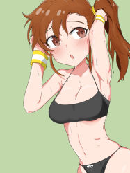 Rule 34 | 1girl, absurdres, armpits, arms up, black panties, blush, breasts, brown hair, cleavage, eyelashes, futami mami, grey background, hands in hair, highres, idolmaster, idolmaster million live!, idolmaster million live! theater days, looking to the side, medium breasts, messy hair, milliani, open mouth, panties, red eyes, side ponytail, simple background, sports bra, stomach, sweat, underwear, wet, wet hair, wrist cuffs