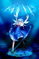 Rule 34 | bad id, bad pixiv id, blue eyes, blue hair, blue theme, bow, cirno, embodiment of scarlet devil, hair bow, highres, ice, magic circle, short hair, silentdin, solo, touhou, wings