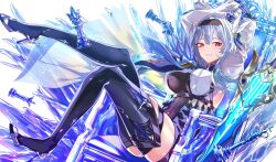 Rule 34 | 1girl, absurdres, arms behind head, black footwear, black gloves, black hairband, blue hair, blue necktie, boots, breasts, chair, chess piece, chest harness, closed mouth, crossed legs, crown, eula (genshin impact), full body, genshin impact, gloves, hair ornament, hairband, harness, high-waist shorts, high heel boots, high heels, highres, ice shard, king (chess), knees up, knight (chess), large breasts, leg up, legs up, looking at viewer, medium hair, mini crown, necktie, on chair, queen (chess), red eyes, sas (ls08b), shorts, sidelocks, sitting, solo, song of broken pines (genshin impact), thigh boots, white background, white sleeves, wide sleeves