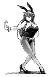 Rule 34 | 1girl, alternate costume, animal ears, braid, breasts, rabbit ears, cleavage, commentary, commentary request, fighting stance, full body, greyscale, hairband, high heels, hong meiling, koyubi (littlefinger1988), large breasts, long hair, monochrome, muscular, muscular female, off shoulder, pantyhose, playboy bunny, scar, simple background, solo, thighs, touhou, twin braids, white background