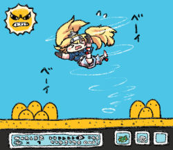 Rule 34 | &gt; &lt;, 1girl, angry, angry sun, blonde hair, blue sky, blush, chibi, commentary request, fake screenshot, gambier bay (kancolle), gloves, hairband, kantai collection, long hair, mario (series), nintendo, nobuyoshi-zamurai, sky, super mario bros. 3, twintails, whirlwind
