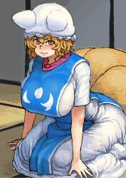 Rule 34 | 1girl, adapted costume, animal hat, bad id, bad tumblr id, blonde hair, blush, breasts, chanta (ayatakaoisii), curvy, dress, fox tail, hat, highres, huge breasts, indoors, looking at viewer, mob cap, multiple tails, mob cap, seiza, short hair, short sleeves, sitting, slit pupils, smile, socks, solo, tabard, tail, tatami, thick thighs, thighs, touhou, white dress, white socks, wide hips, yakumo ran