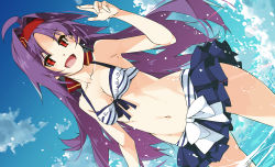 Rule 34 | 1girl, :d, ahoge, armpits, bare shoulders, bikini, blue sky, breasts, cleavage, collarbone, hairband, highres, long hair, navel, open mouth, parted bangs, pointy ears, purple hair, red eyes, red hairband, shikei, sideways, sky, small breasts, smile, solo, swimsuit, sword art online, thighs, water, yuuki (sao)