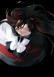 Rule 34 | 1girl, animal ears, bare shoulders, black background, breasts, brooch, brown hair, cleavage, closed mouth, dress, fang, fang out, fingernails, from above, highres, imaizumi kagerou, jewelry, long fingernails, long hair, looking at viewer, nail polish, nuqura, one eye closed, red eyes, red nails, sharp fingernails, simple background, sleeves past wrists, smile, solo, touhou, very long hair, wolf ears
