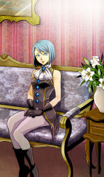 Rule 34 | 1girl, ace attorney, ace attorney investigations, alternate costume, aqua eyes, ascot, black footwear, black gloves, blue eyes, blue hair, boots, capcom, couch, eyelashes, floral print, flower, franziska von karma, gloves, hair between eyes, head tilt, lipstick, looking at viewer, makeup, matching hair/eyes, mole, mole under eye, pants, phoenix wright: ace attorney - justice for all, short hair, sitting, sleeveless, smile, solo, spoilers, v arms, vase, yoshii kyoko