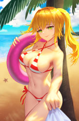 Rule 34 | 1girl, absurdres, artist request, bare shoulders, beach, bikini, blonde hair, blush, breasts, cleavage, closed mouth, collarbone, criss-cross halter, day, fate/extra, fate/grand order, fate (series), green eyes, hair between eyes, hair intakes, halterneck, highres, innertube, large breasts, long hair, looking at viewer, navel, nero claudius (fate), nero claudius (fate) (all), nero claudius (swimsuit caster) (fate), ocean, palm tree, red bikini, side-tie bikini bottom, smile, solo, striped bikini, striped clothes, swim ring, swimsuit, tree, twintails