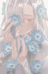 Rule 34 | 1girl, anemone (flower), blue eyes, blue flower, blue hair, blush, closed mouth, cute mdr, dress, expressionless, flower, grey hair, hair flower, hair ornament, hair over one eye, half-closed eyes, hands up, highres, holding, holding flower, isekai joucho, kamitsubaki studio, long hair, long sleeves, looking at viewer, multicolored hair, one eye covered, simple background, solo, two-tone hair, upper body, virtual youtuber, white background, white dress