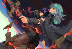 Rule 34 | 1girl, armor, black shorts, blue eyes, blue hair, boots, brown pantyhose, byleth (female) (fire emblem), byleth (fire emblem), cleavage cutout, closed mouth, clothing cutout, fire emblem, fire emblem: three houses, from side, hair between eyes, high heel boots, high heels, highres, holding, holding sword, holding weapon, jimbobox, lace, lace-trimmed legwear, lace trim, nintendo, pantyhose, pantyhose under shorts, short shorts, shorts, solo, sword, weapon