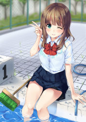 Rule 34 | 1girl, blouse, blue eyes, blue skirt, blurry, blush, bra, bra visible through clothes, breast pocket, brown hair, chain-link fence, day, depth of field, fence, hand up, highres, hose, long hair, looking at viewer, mop, one eye closed, original, outdoors, parted lips, pleated skirt, pocket, pool, school uniform, see-through, shirt, short sleeves, sidelocks, sitting, skirt, smile, soaking feet, solo, thighs, unasaka ryou, underwear, v, white shirt