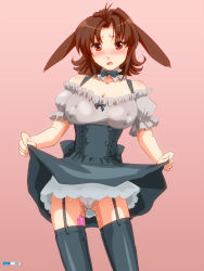 Rule 34 | 1girl, animal ears, black thighhighs, blush, bow, bowtie, breasts, brown eyes, brown hair, clothes lift, covered erect nipples, garter straps, gradient background, highres, large breasts, open mouth, original, panties, pappel ostern, rabbit ears, saliva, sex toy, skirt, skirt lift, solo, tears, thighhighs, tongue, underwear, vibrator, vibrator in thighhighs, vibrator under clothes, wet, wet clothes, wet panties, yagisaka seto