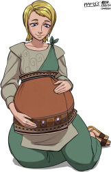 1girl a0iisa blonde_hair blue_eyes colored_skin commission commissioner_upload dated dress hands_on_stomach highres housewife nintendo pregnant sandals short_hair sitting smile solo the_legend_of_zelda the_legend_of_zelda:_twilight_princess uli_(twilight_princess) uli_(zelda) white_background white_skin