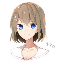 Rule 34 | 1girl, a.a (aa772), blue eyes, brown hair, closed mouth, collarbone, hair between eyes, hair ornament, hairclip, kantai collection, looking at viewer, maya (kancolle), portrait, sailor collar, short hair, simple background, smile, solo, star (symbol), white background, white sailor collar, x hair ornament