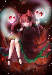 Rule 34 | 1girl, absurdres, animal ears, black bow, black dress, black footwear, bow, braid, cat ears, cat tail, closed mouth, commentary, dress, fang, floating, floating skull, frilled dress, frills, glowing, glowing eyes, hair bow, highres, kaenbyou rin, long sleeves, looking at viewer, multiple tails, nekomata, red eyes, red hair, shoes, skin fang, skull, smile, solo, tail, touhou, twin braids, two tails, yuuki hana (jtnp5334)