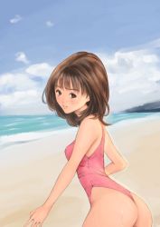 Rule 34 | 1girl, ass, bare shoulders, beach, blush, breasts, brown eyes, brown hair, cloud, i&quot;s, koro chan fan club, looking at viewer, ocean, sand, short hair, sky, small breasts, solo, standing, sweat, swimsuit, water, yoshizuki iori