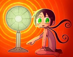 Rule 34 | 1girl, arm support, barefoot, black hair, blush stickers, commentary, curly hair, electric fan, floating hair, from side, full body, green eyes, grey tank top, heater, highres, hunched over, long hair, looking at viewer, looking to the side, low twintails, open mouth, orange background, original, pointing, ringed eyes, screentones, sidelighting, sitting, solo, sweat, takurada, tank top, twintails, very sweaty, wariza, wide-eyed