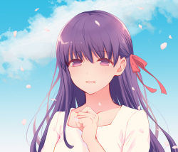 Rule 34 | 1girl, :d, blue sky, blush, cloud, collar, collarbone, day, fate/stay night, fate (series), hair between eyes, hair ribbon, highres, long hair, matou sakura, official alternate costume, open mouth, outdoors, petals, purple eyes, purple hair, red ribbon, ribbon, sky, smile, solo, toy-black, upper body, very long hair