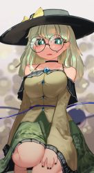 Rule 34 | 1girl, absurdres, adapted costume, bare shoulders, bespectacled, black-framed eyewear, black nails, blurry, blurry background, bokeh, breasts, bright pupils, choker, depth of field, floral print, foot out of frame, glasses, green hair, green skirt, grey background, hat, highres, komeiji koishi, large breasts, long hair, looking at viewer, nail polish, off-shoulder shirt, off shoulder, round eyewear, round teeth, shirt, simple background, skirt, solo, straight hair, teeth, touhou, yellow shirt, zakozako y