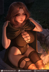 Rule 34 | 1girl, boots, breasts, brown cape, brown eyes, brown hair, brown leotard, cape, cleavage, cloak, closed mouth, elden ring, fire, grass, highres, hood, hooded cloak, large breasts, leotard, luminyu, medium hair, melina (elden ring), one-eyed, rock, scar, scar across eye, scar on face, signature, site of grace, sitting, thigh boots, thigh strap, thighhighs, thighhighs under boots, thighs, twitter logo