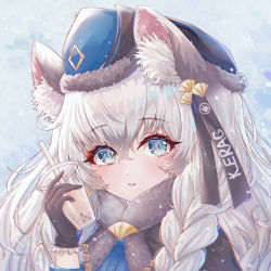 Rule 34 | 1girl, animal ear fluff, animal ears, arknights, black gloves, blue hat, braid, drink, gloves, grey eyes, grey hair, hair between eyes, hand up, hat, highres, holding, holding drink, leopard ears, long hair, looking at viewer, nalukikiki, official alternate costume, parted lips, pramanix (arknights), pramanix (caster&#039;s frost) (arknights), snow, snowflakes, solo, twin braids, white theme