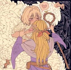 Rule 34 | 2girls, ambrosia (dungeon meshi), belt pouch, blonde hair, blush, capelet, chimera, closed eyes, commentary, dungeon meshi, ear blush, elf, english commentary, falin touden, falin touden (chimera), feathers, hair ribbon, hand on another&#039;s head, heart, highres, holding, holding staff, jellyduckii, kiss, light brown hair, long hair, marcille donato, monster girl, multiple girls, pointy ears, pouch, purple capelet, purple robe, red ribbon, ribbon, robe, short hair, spoken heart, staff, yuri