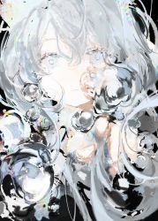 Rule 34 | 1girl, absurdres, arknights, black background, bubble, closed mouth, commentary request, grey eyes, grey hair, grey theme, hair between eyes, highres, long hair, looking at viewer, rosmontis (arknights), simple background, solo, upper body, yonghu pei yezi