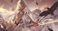 Rule 34 | 10s, 1boy, 1girl, absurdres, altera (fate), arrow (projectile), bandeau, bare shoulders, bird, black panties, bow (weapon), breasts, cloud, commentary, cowboy shot, dark-skinned female, dark skin, detached sleeves, english commentary, facial hair, fate/extella, fate/extra, fate (series), feathers, frills, full-body tattoo, highres, holding, holding sword, holding weapon, horse, kita (kitairoha), light particles, medium breasts, mustache, outdoors, panties, red eyes, reverse grip, short hair, silver hair, standing, stomach tattoo, sword, tattoo, thighs, underwear, veil, weapon